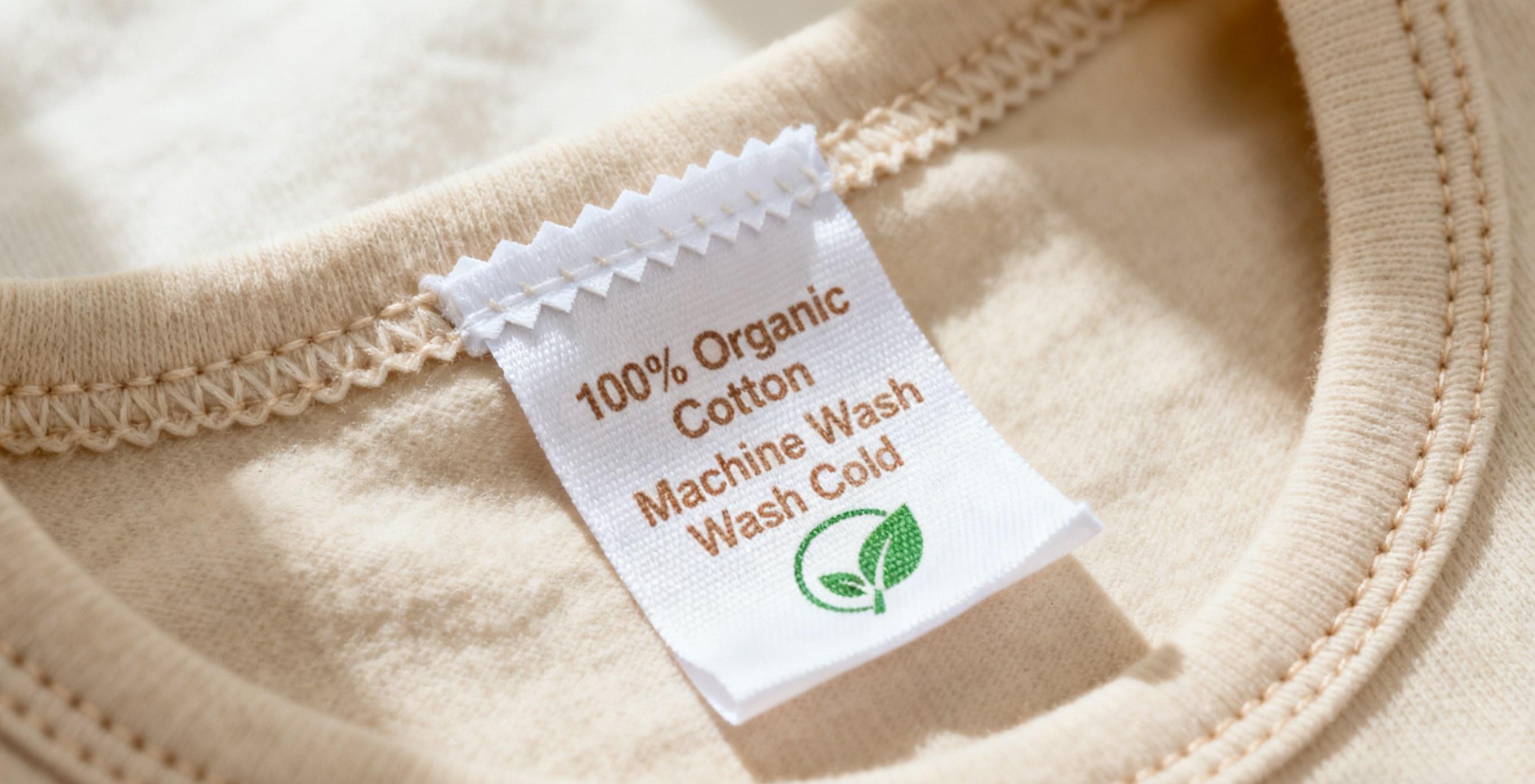 Cotton woven care label for eco baby clothing.